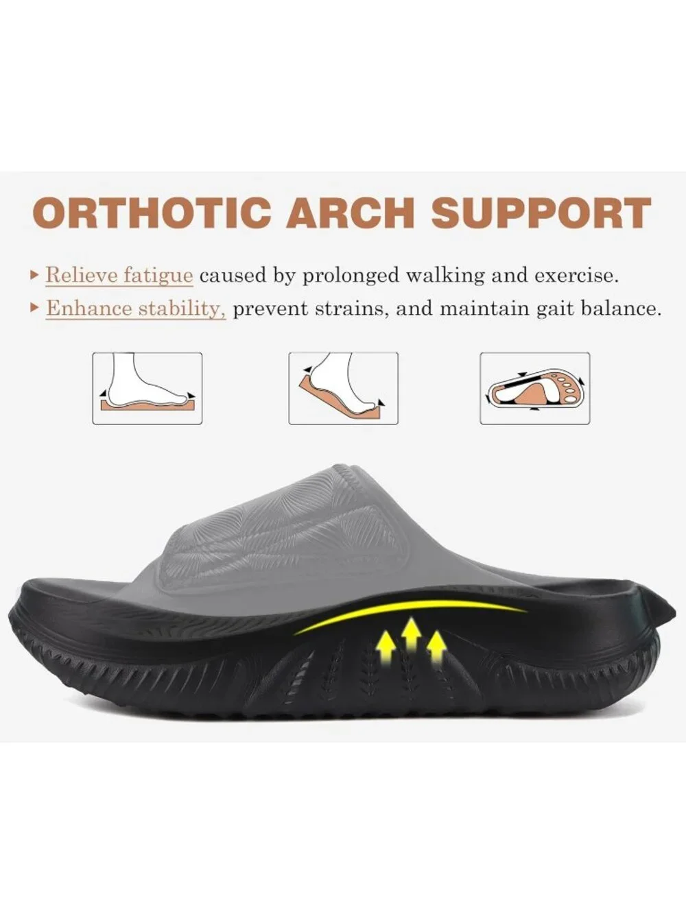 Men's All Black Recovery Sandals Orthopaedic Plantar Fascistic Walking Casual